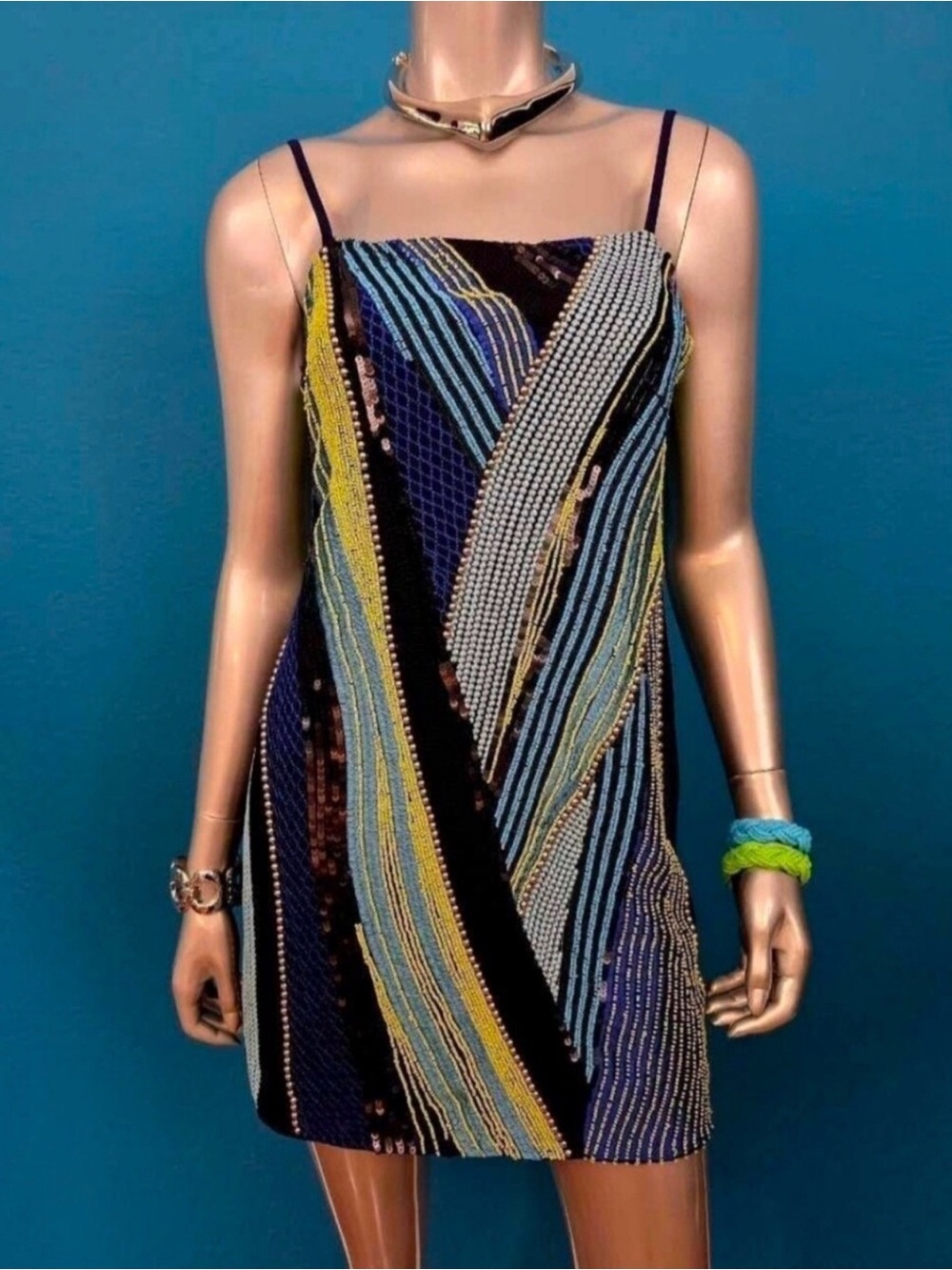 Topshop Beaded Spaghetti Strap Mini Dress in Blue, Yellow, Black, Cream